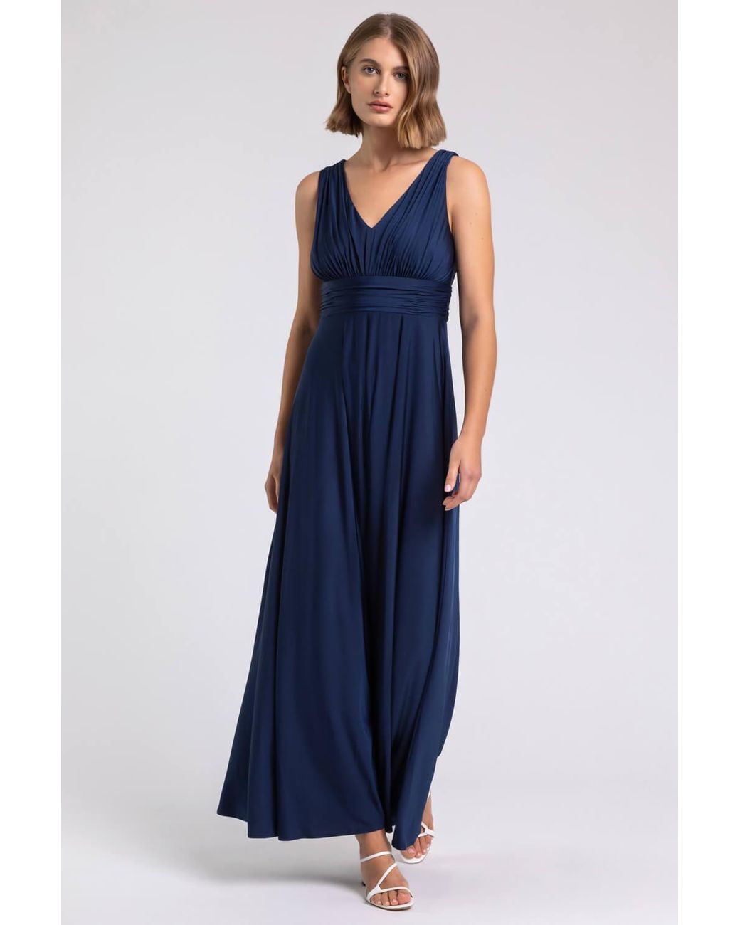 Roman Blue Ruched Sleeveless Stretch Maxi Dress