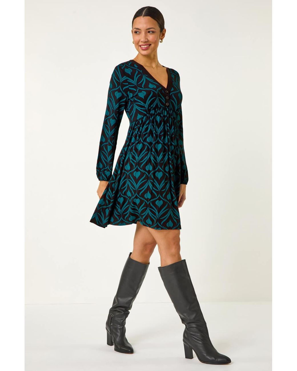 Roman Blue Geo Print Button Detail Stretch Dress