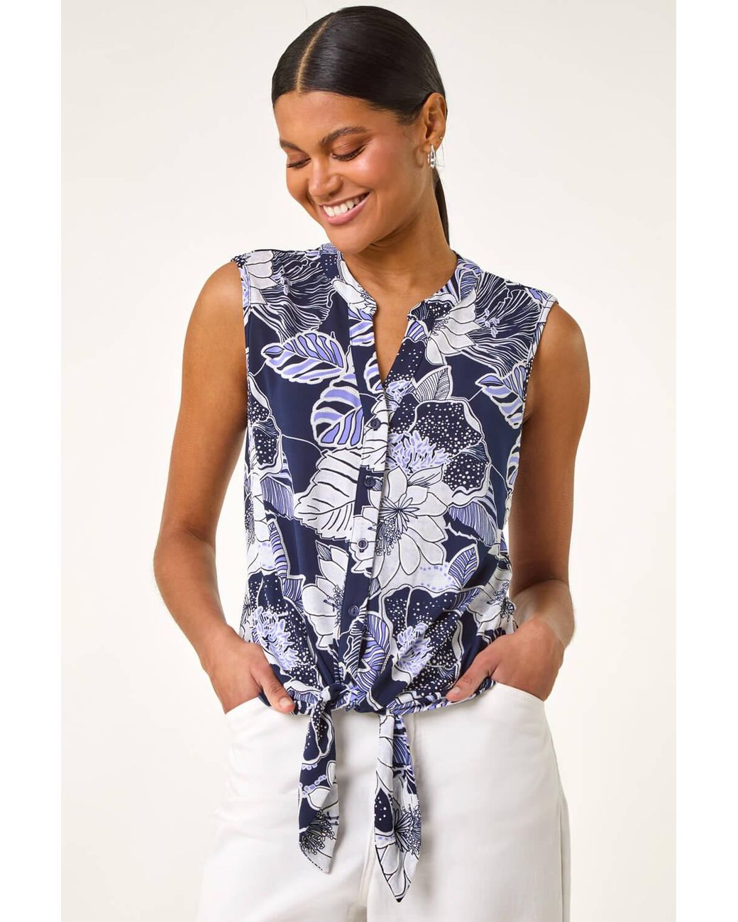 Roman Blue Textured Floral Tie Blouse
