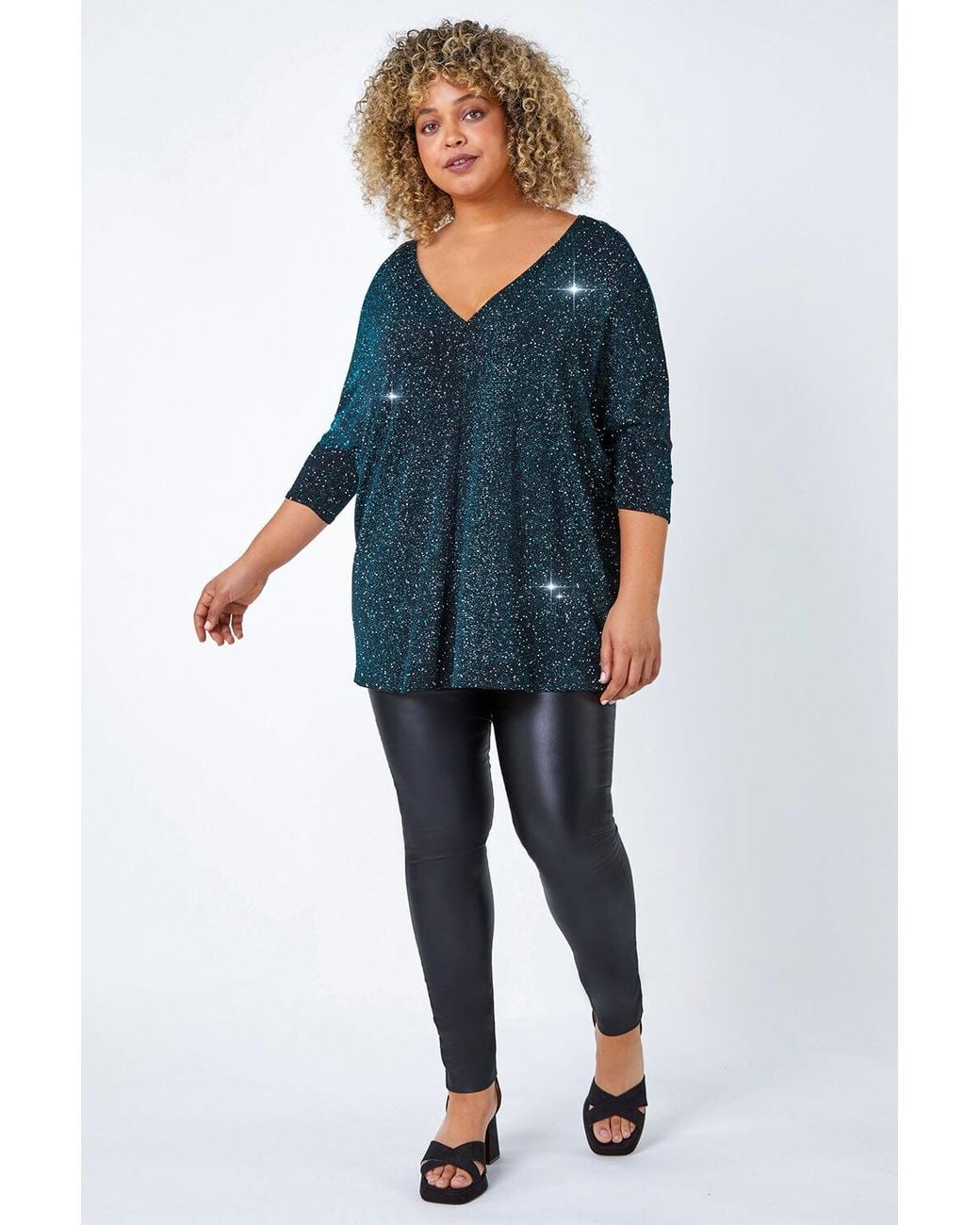 Roman Curve Blue Back Bar Glitter V-Neck Stretch Top