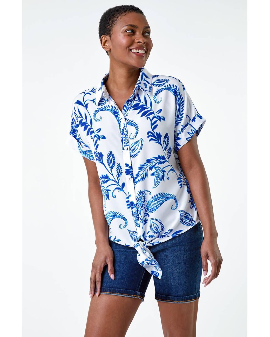 Roman Blue Paisley Leaf Print Tie Front Top