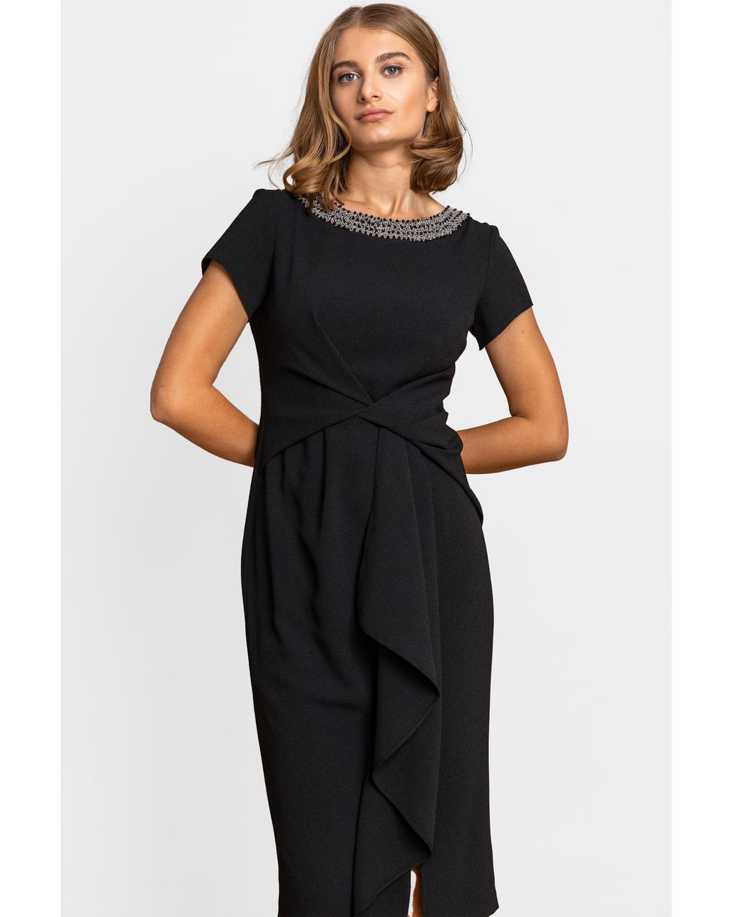 Roman Black Embellished Stretch Twist Waist Ruched Dress