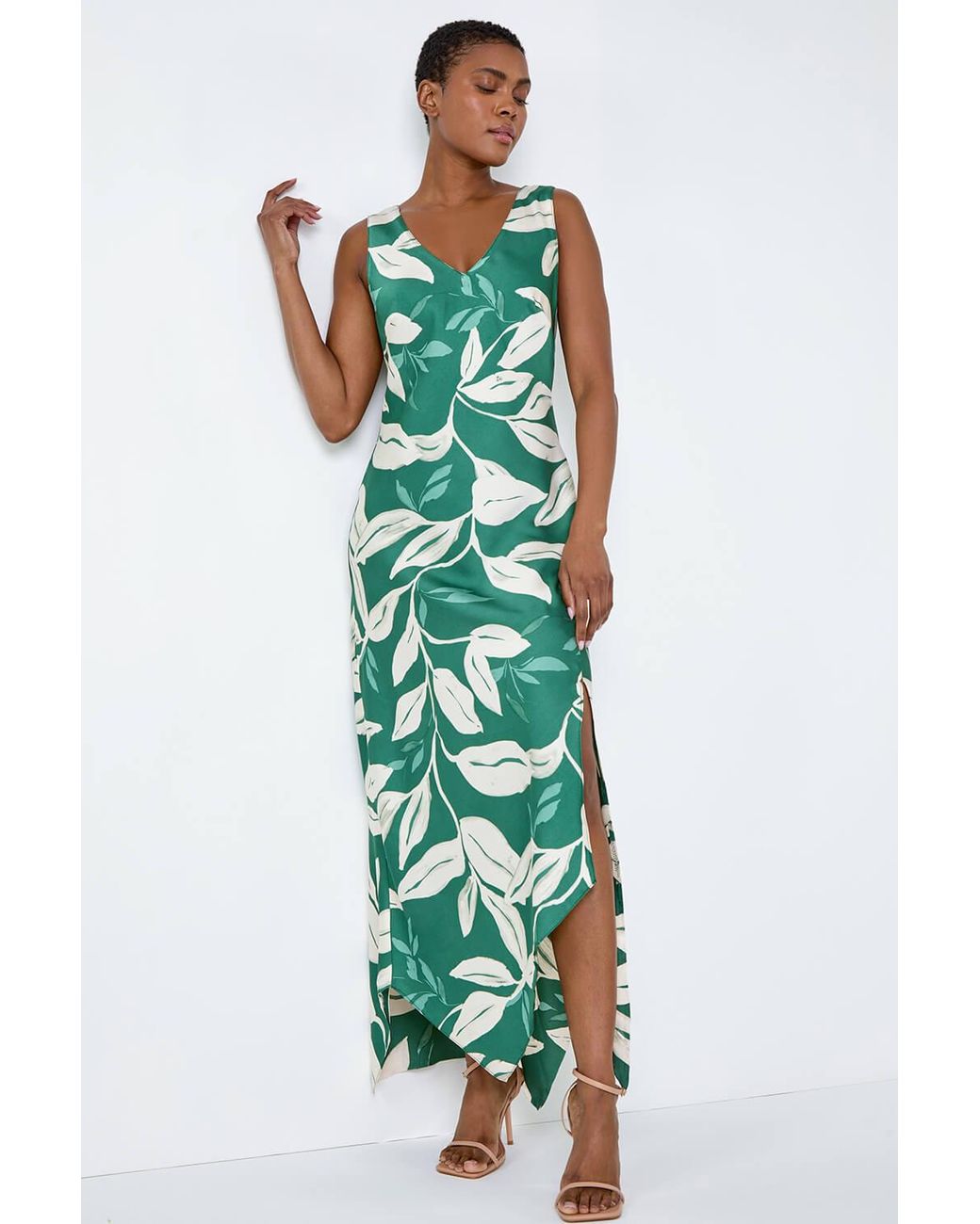 Roman Green Leaf Print Satin Bodycon Midi Dress