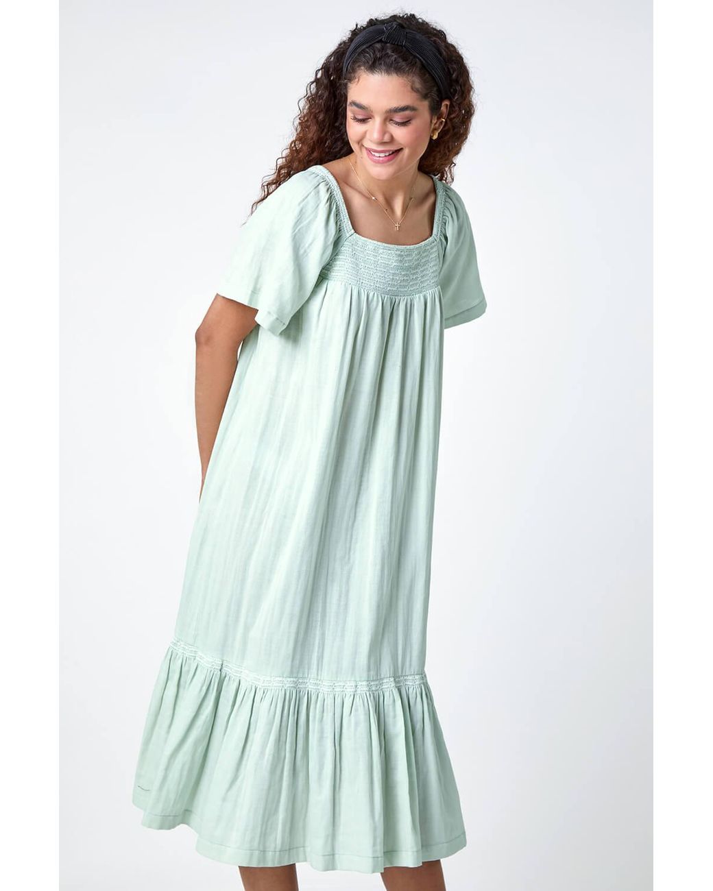 Roman Green Embroidered Cotton Midi Smock Dress