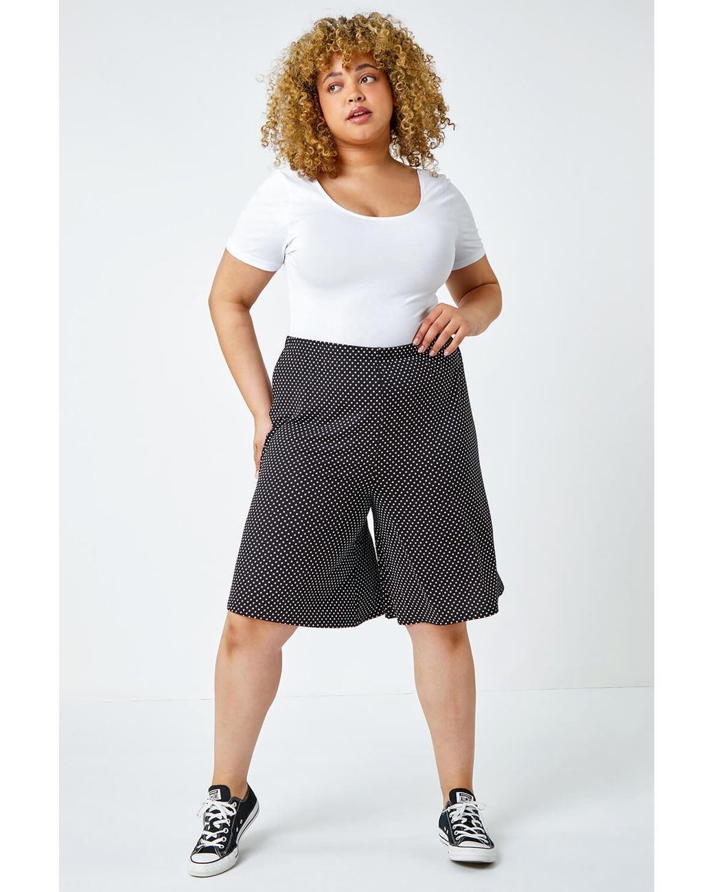 Roman Curve Black Polka Dot Elastic Waist Stretch Shorts