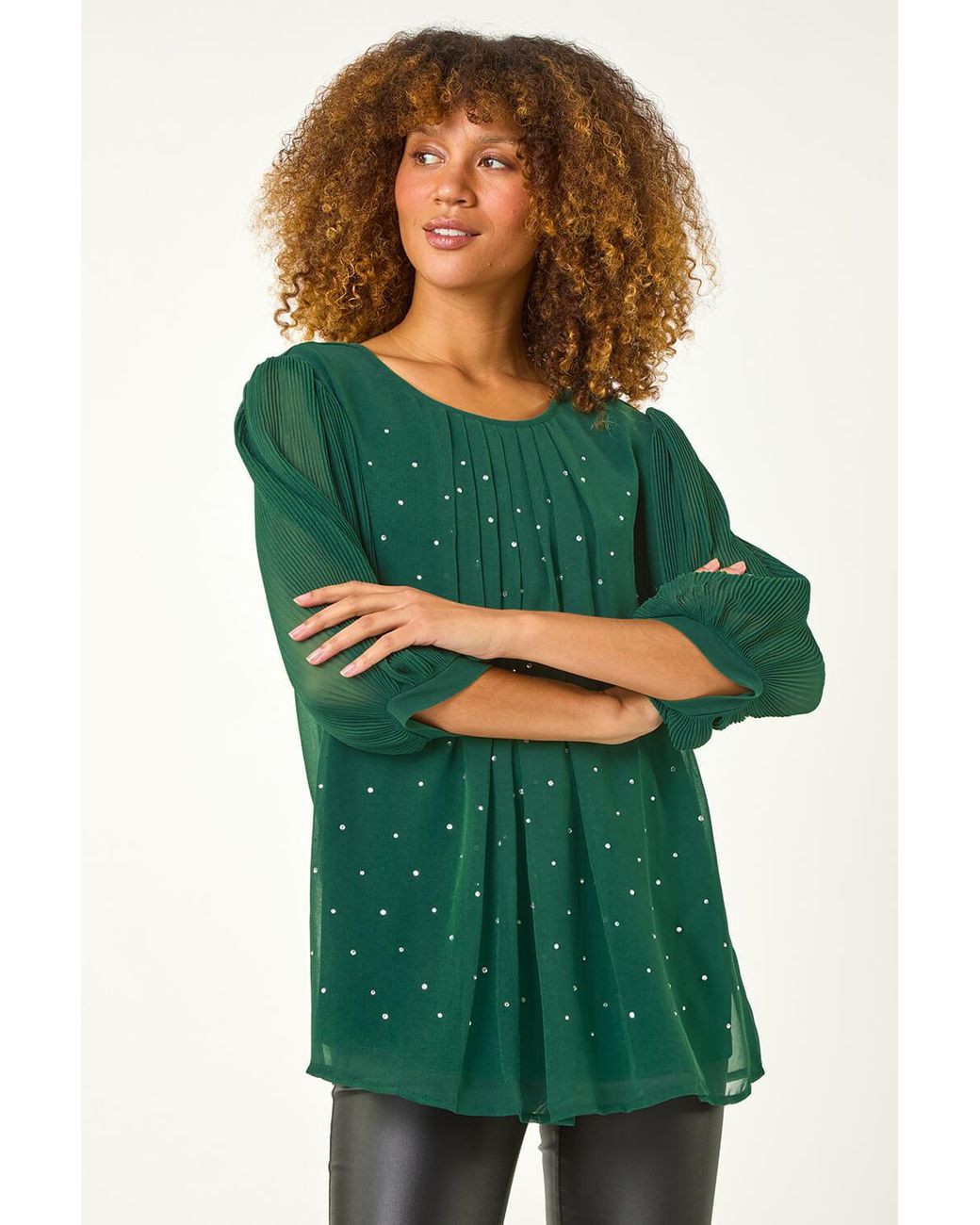 Roman Green Pleated Sleeve Hotfix Detail Top