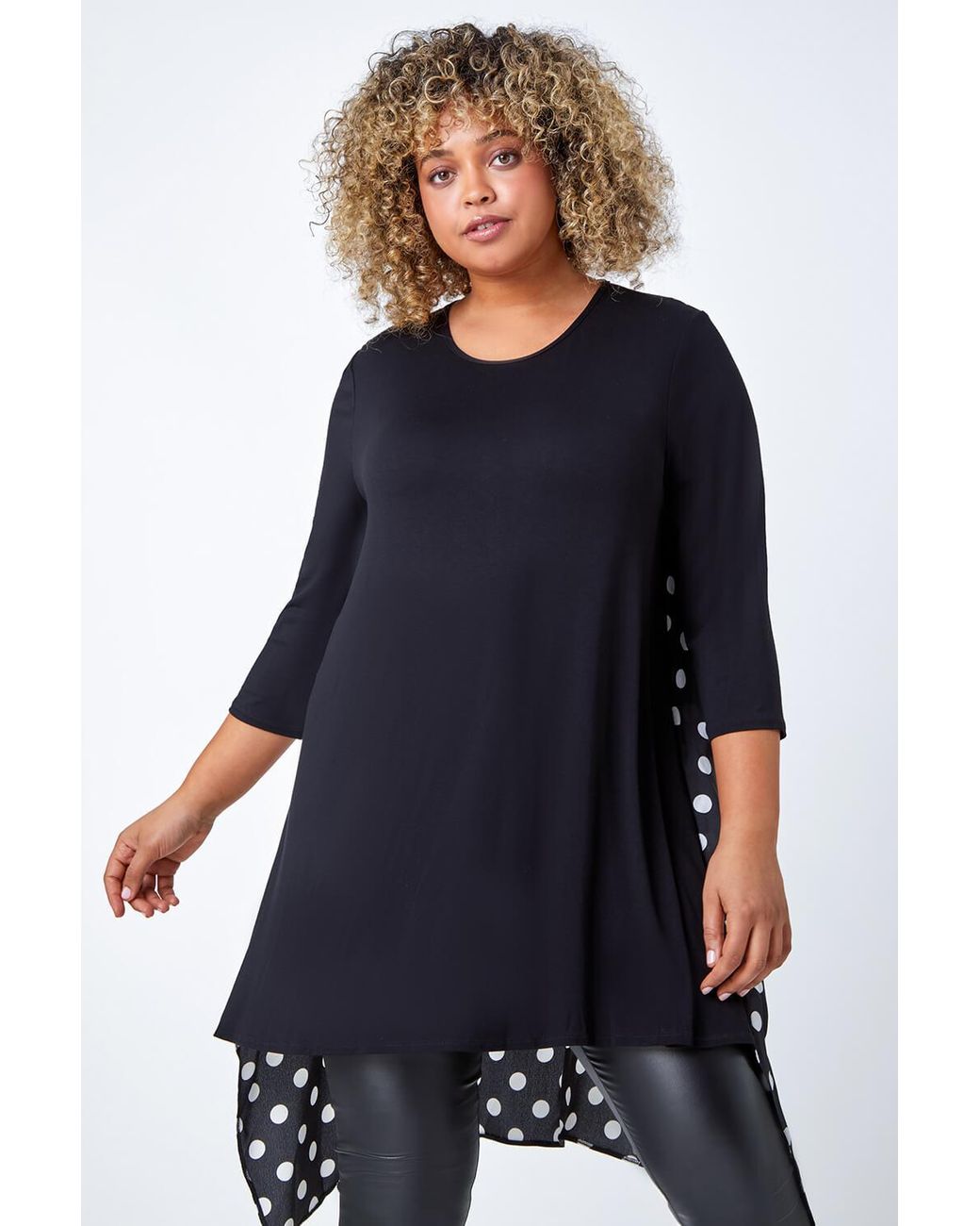 Roman Curve Black Polka Dot Chiffon Stretch Top