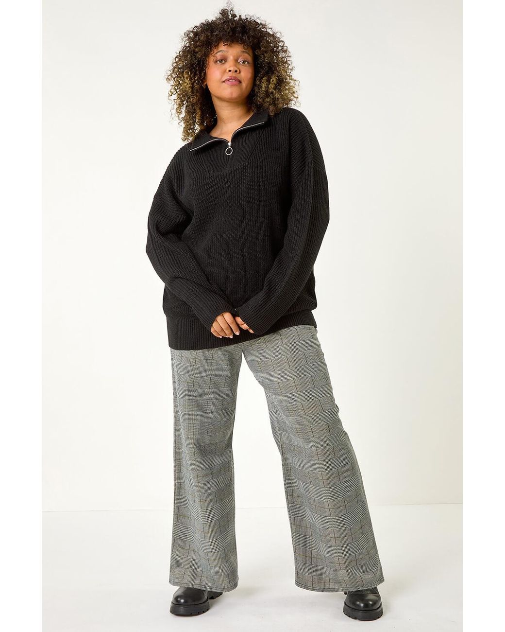 Roman Curve Black Front Zip Fold Over Jumper