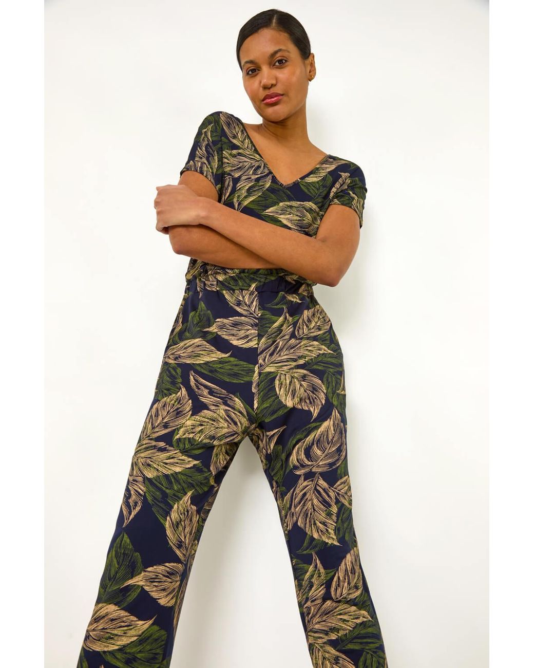Roman Blue Leaf Print V-Neck Jumpsuit