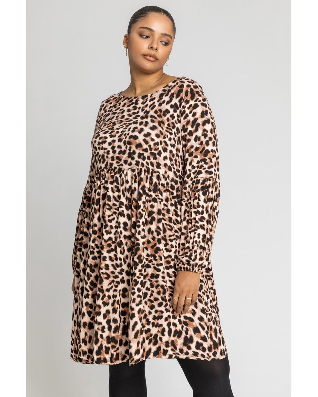 Roman Curve Brown Leopard Print Smock Dress