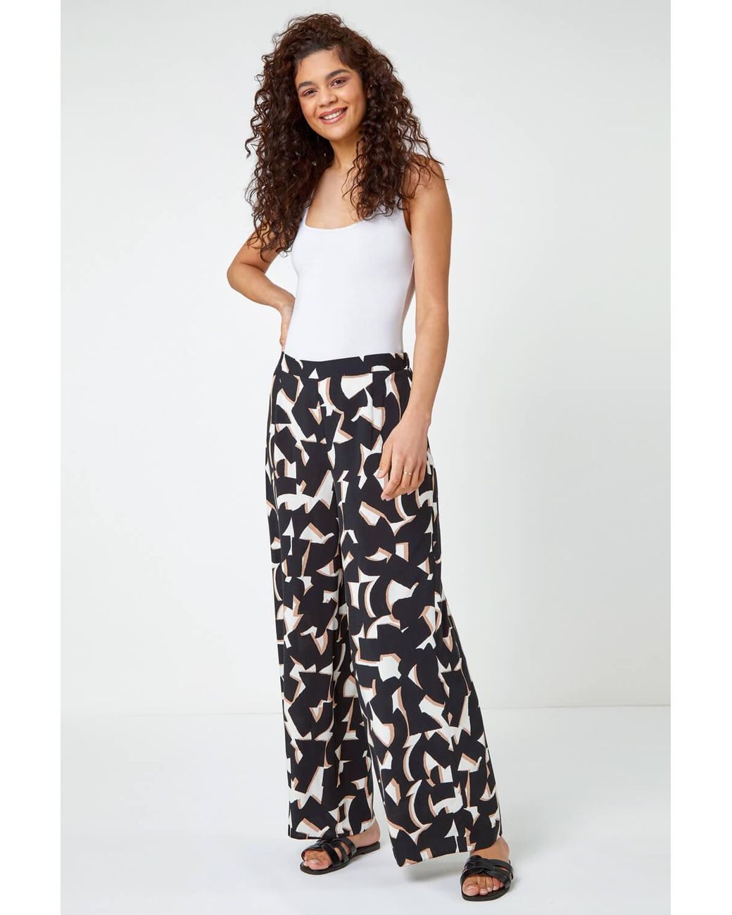 Roman White Geometric Print Wide Leg Trouser