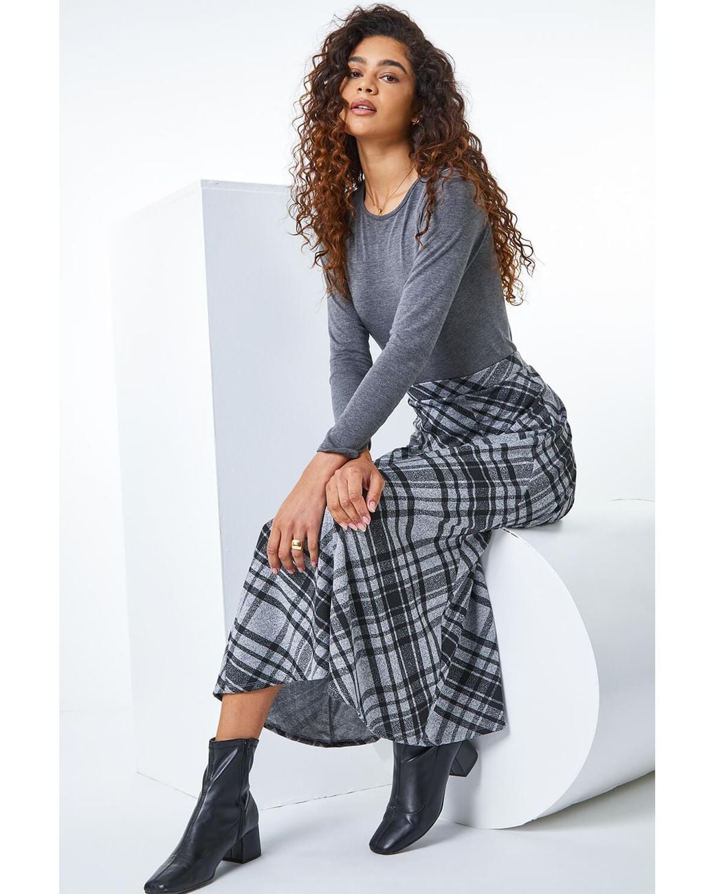 Roman Blue Elastic Waist Check Print Stretch Skirt
