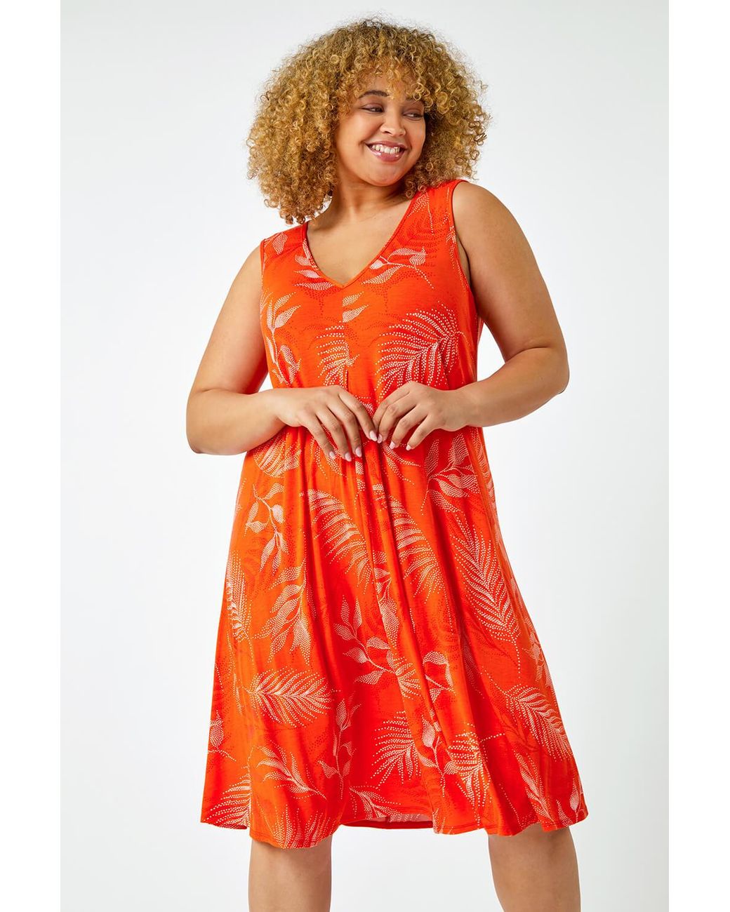 Roman Curve Red Sleeveless Tropical Swing Dress