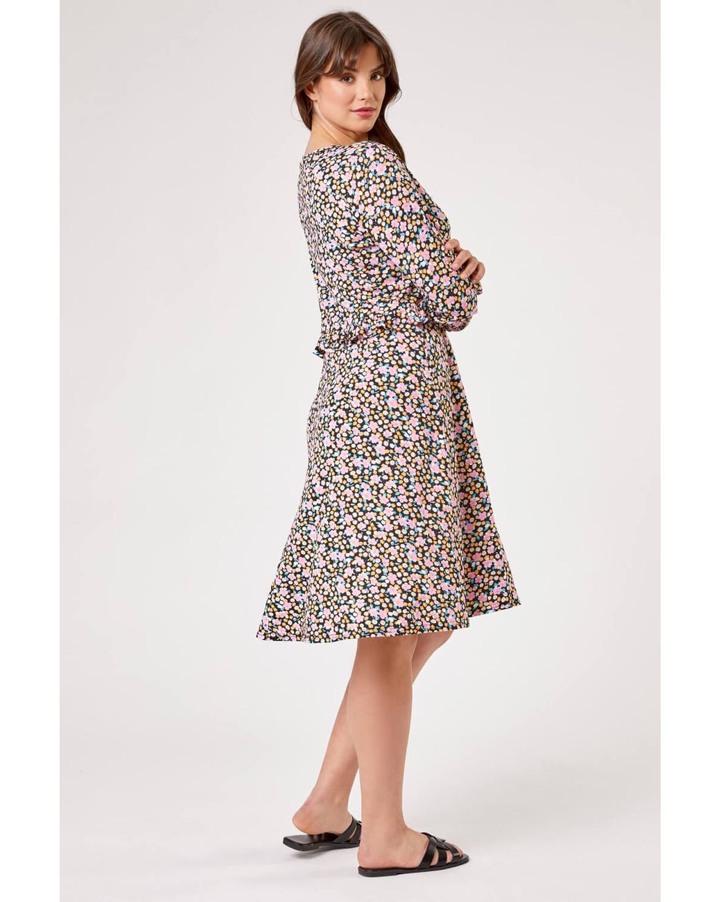 Roman Curve Pink Frill Detail Floral Print Dress