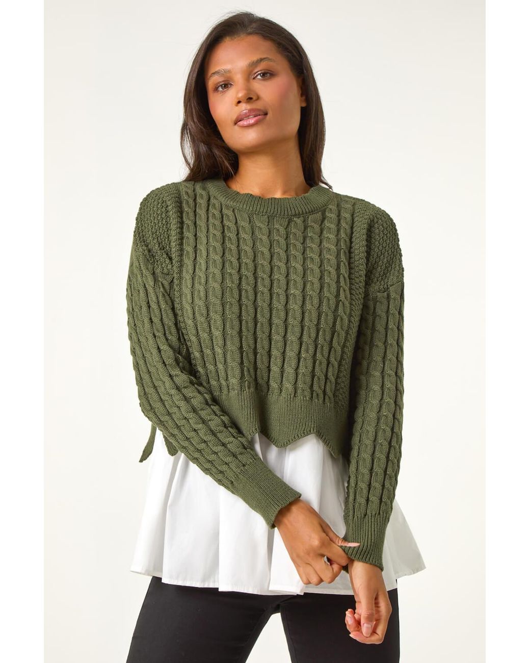 Roman Green Contrast Cable-Knit Jumper
