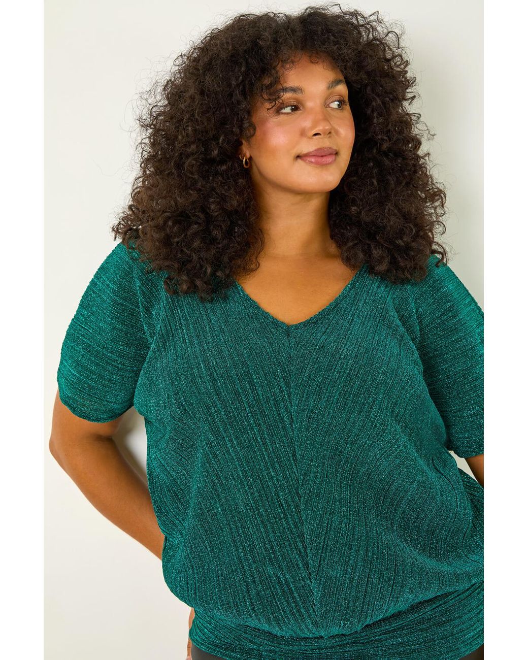 Roman Curve Green Metallic Plisse Banded Top