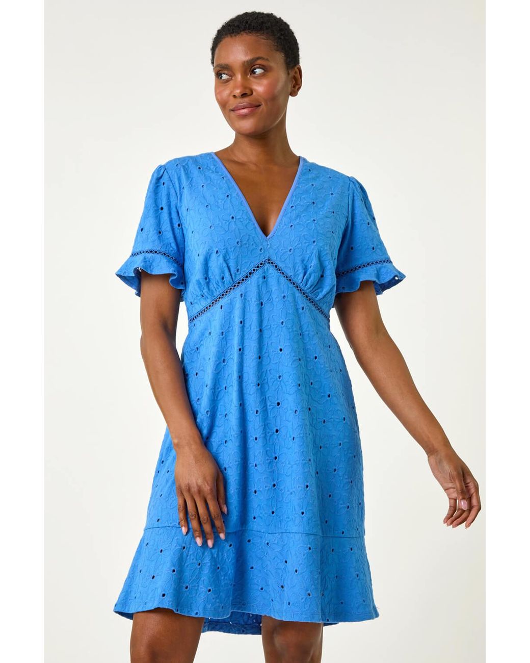 Roman Blue Broderie Cotton Stretch Jersey Frill Dress