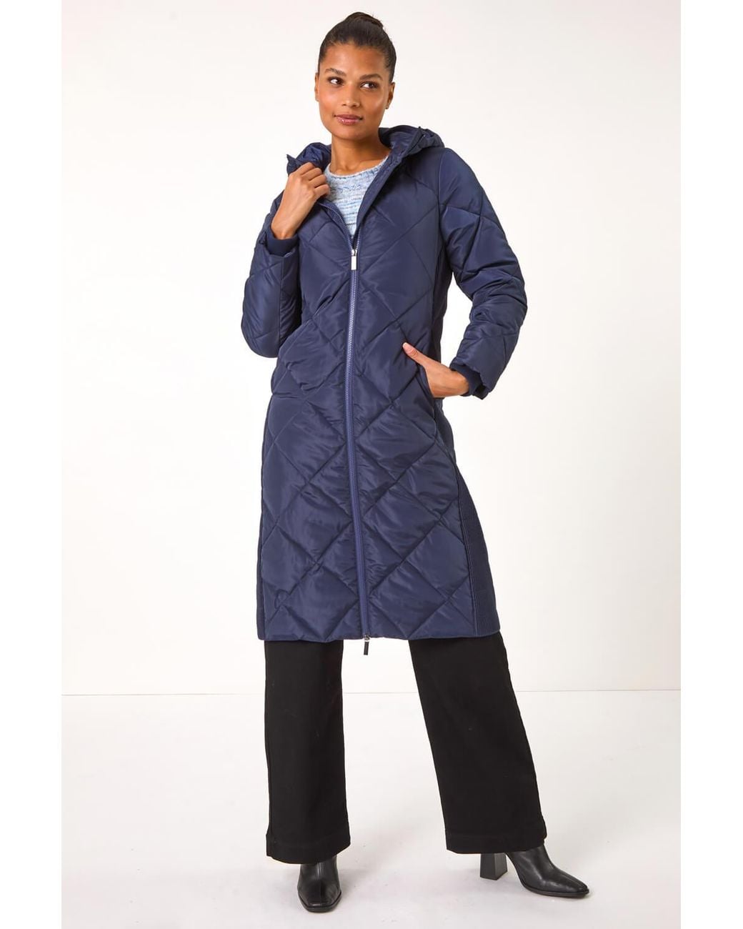 Roman Blue Longline Diamond Quilt Coat