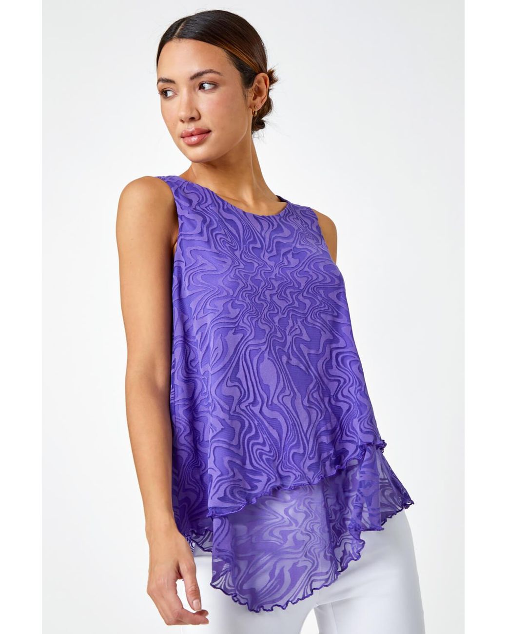 Roman Purple Burnout Swirl Print Asymmetric Top
