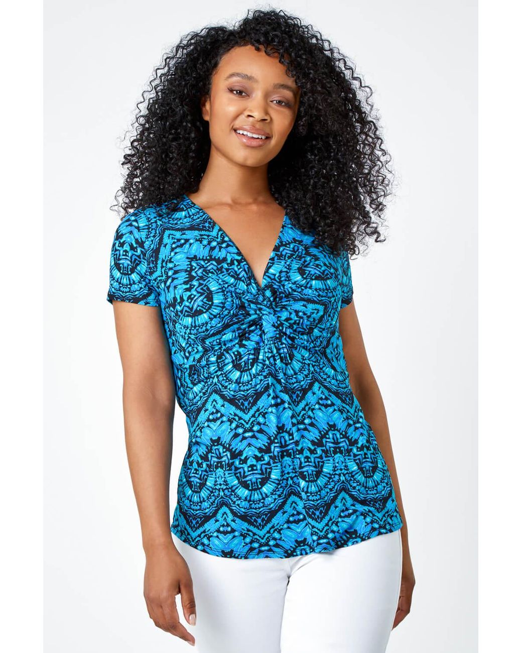 Roman Petite Blue Aztec Knot Detail V-Neck Stretch Top