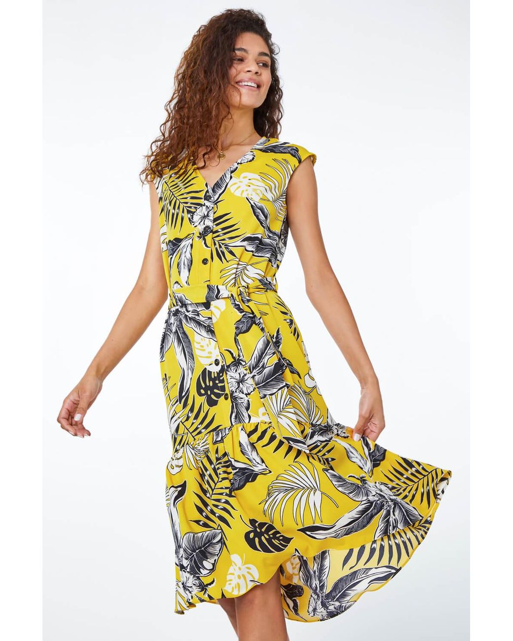 Roman Yellow Tropical Print Dipped Hem Dress