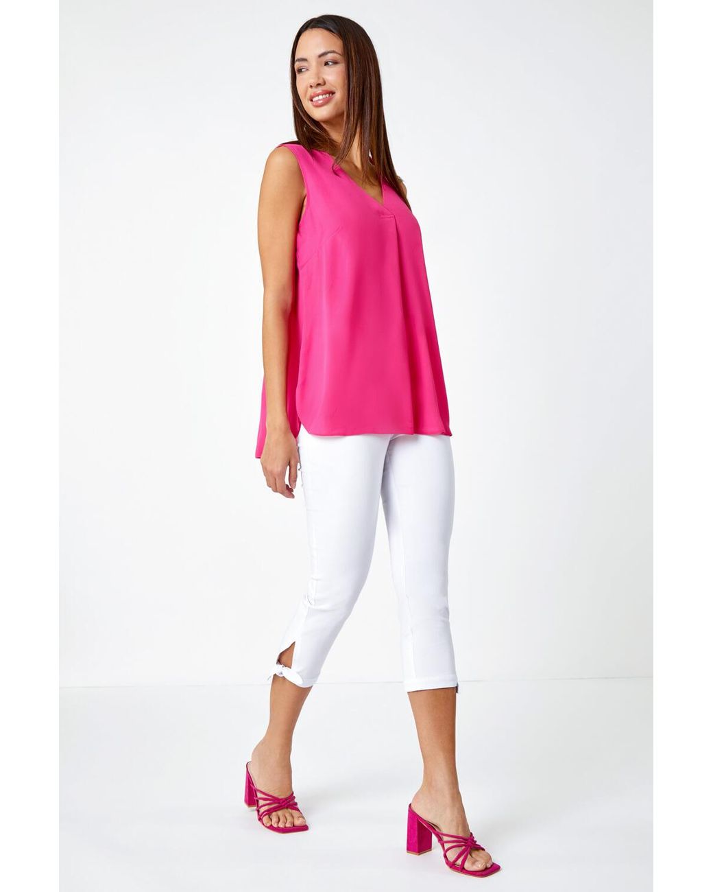 Roman Pink Elastic Waist Tie Hem Cropped Trousers