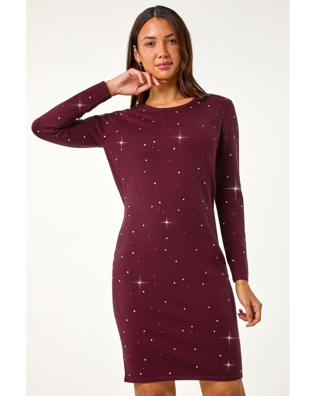 Roman Red Hotfix Embellished Knitted Dress