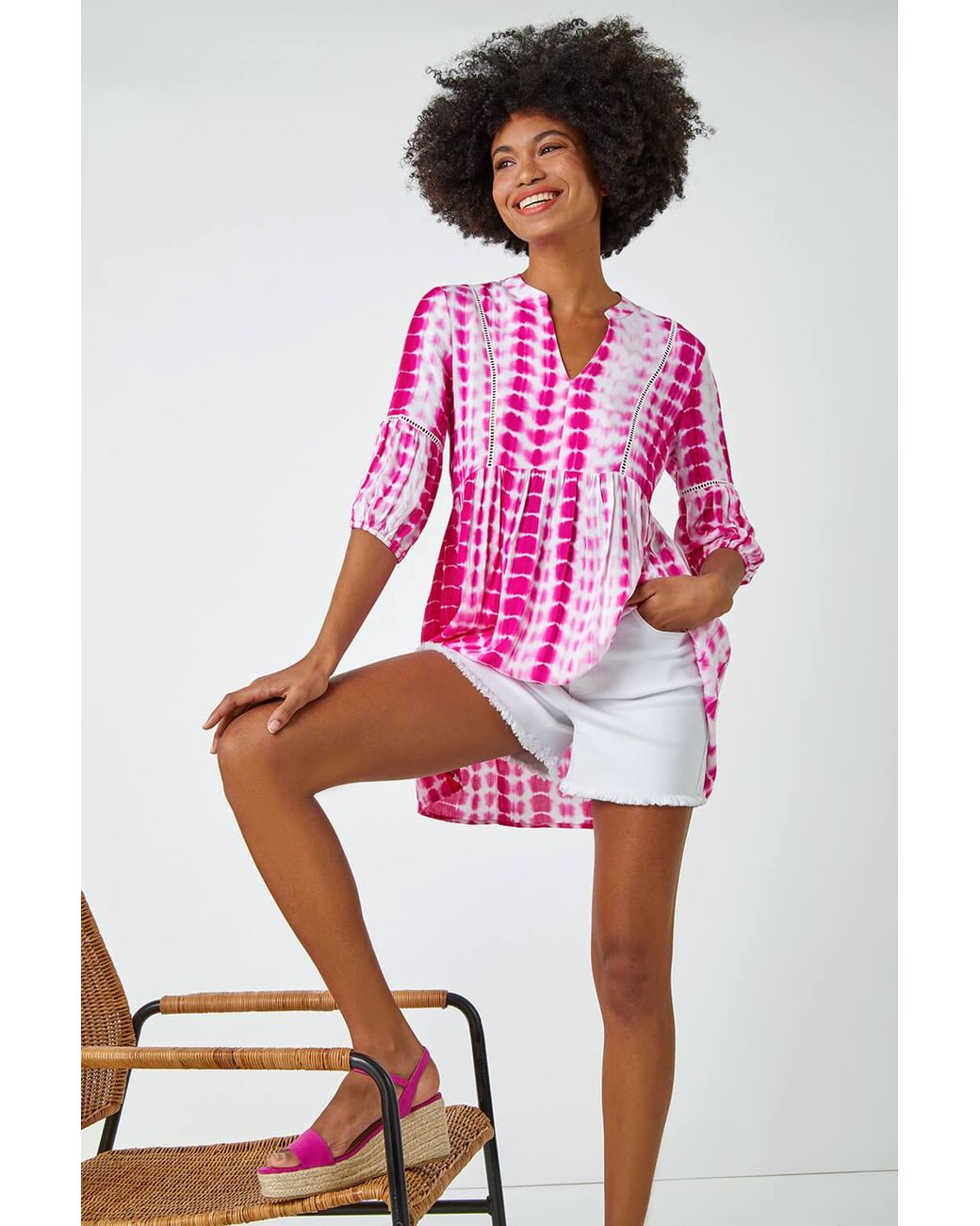 Roman Pink Tie Dye Print Smock Tunic Top