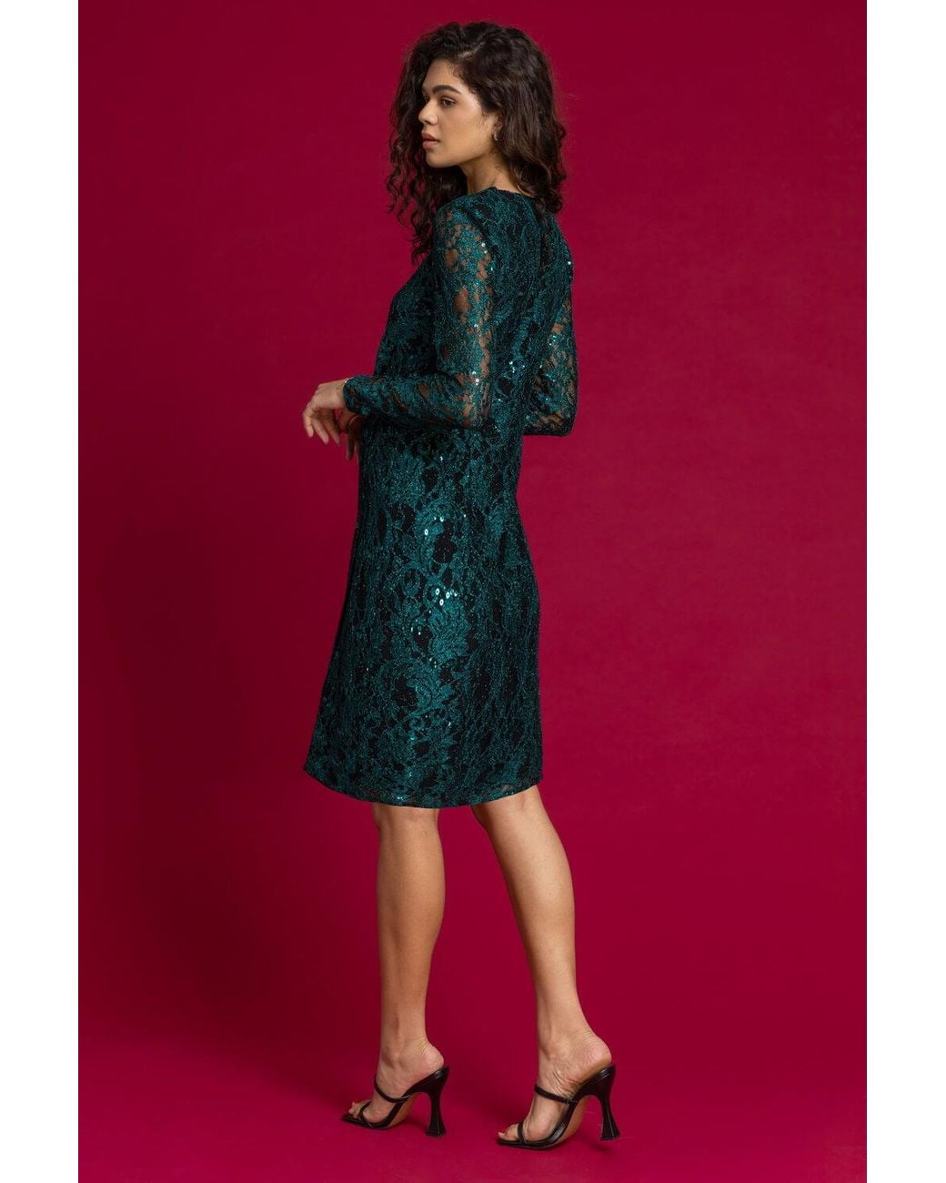 Roman Green Sequin Ruched Lace Wrap Dress