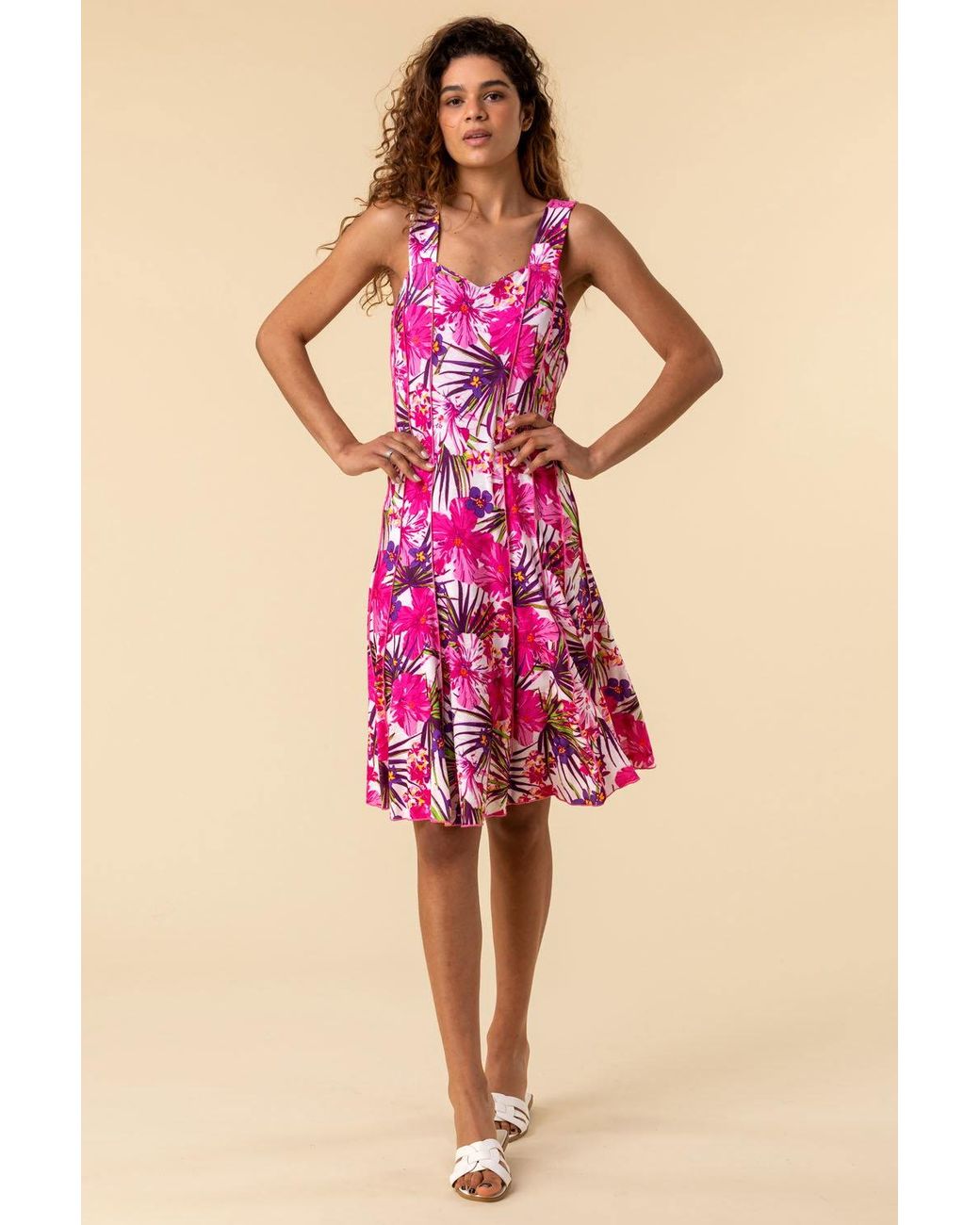 Roman Pink Tropical Floral Panel Stretch Skater Dress