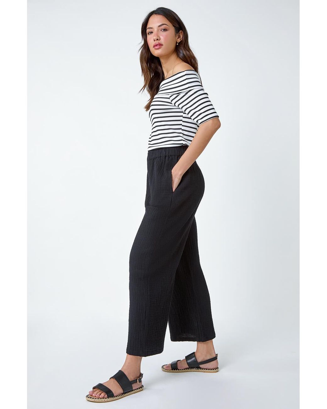 Roman White Textured Cotton Elastic Waist Culotte Trousers