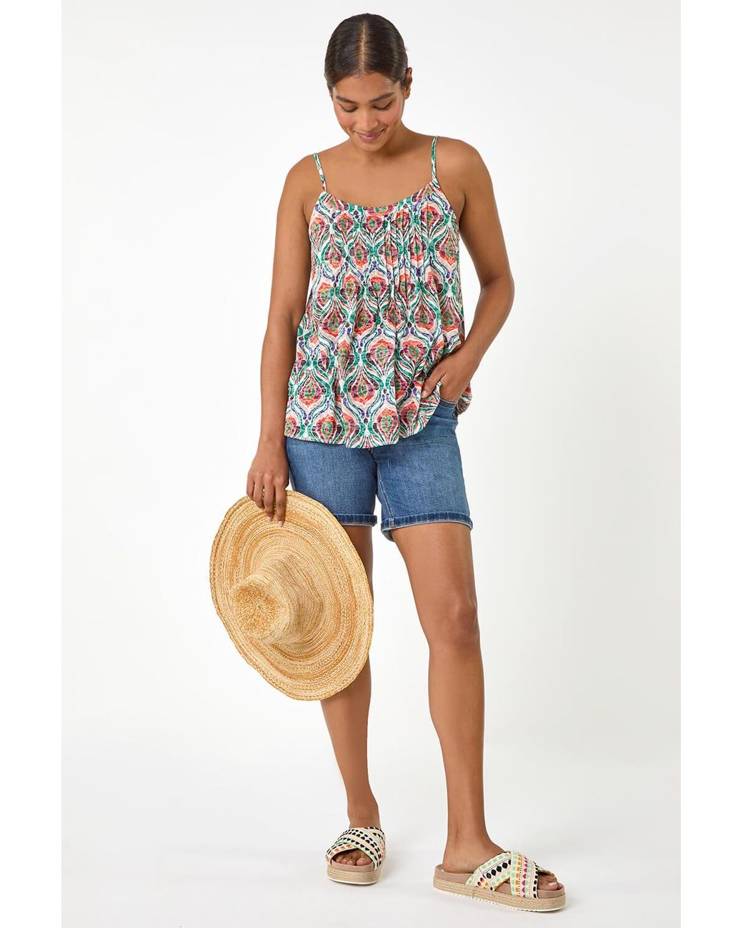Roman Blue Abstract Print Pleat Front Cami Top
