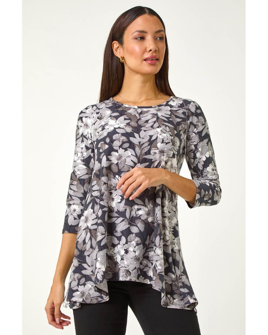 Roman Black Floral Print Swing Top