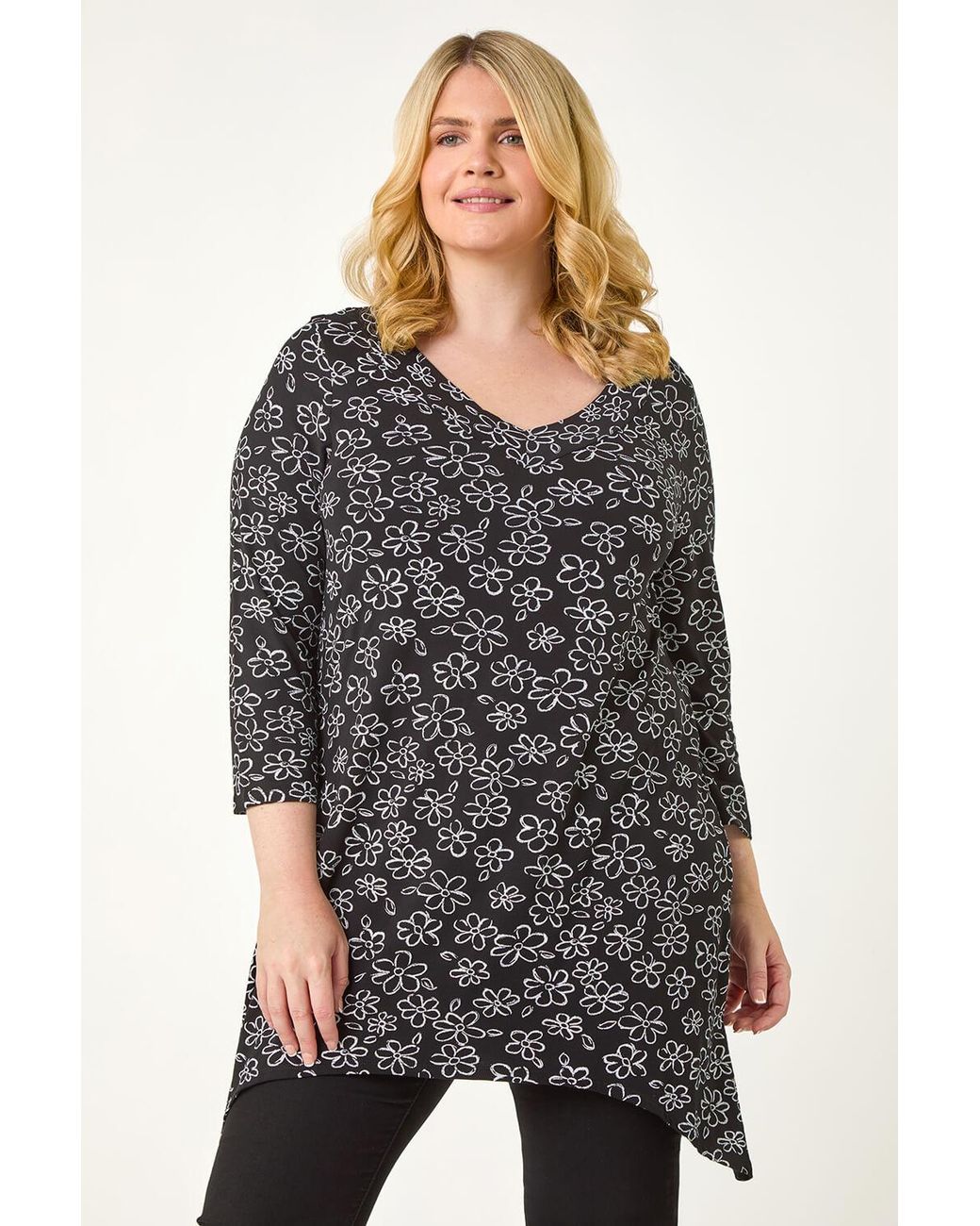 Roman Curve Black Floral Print V-Neck Tunic