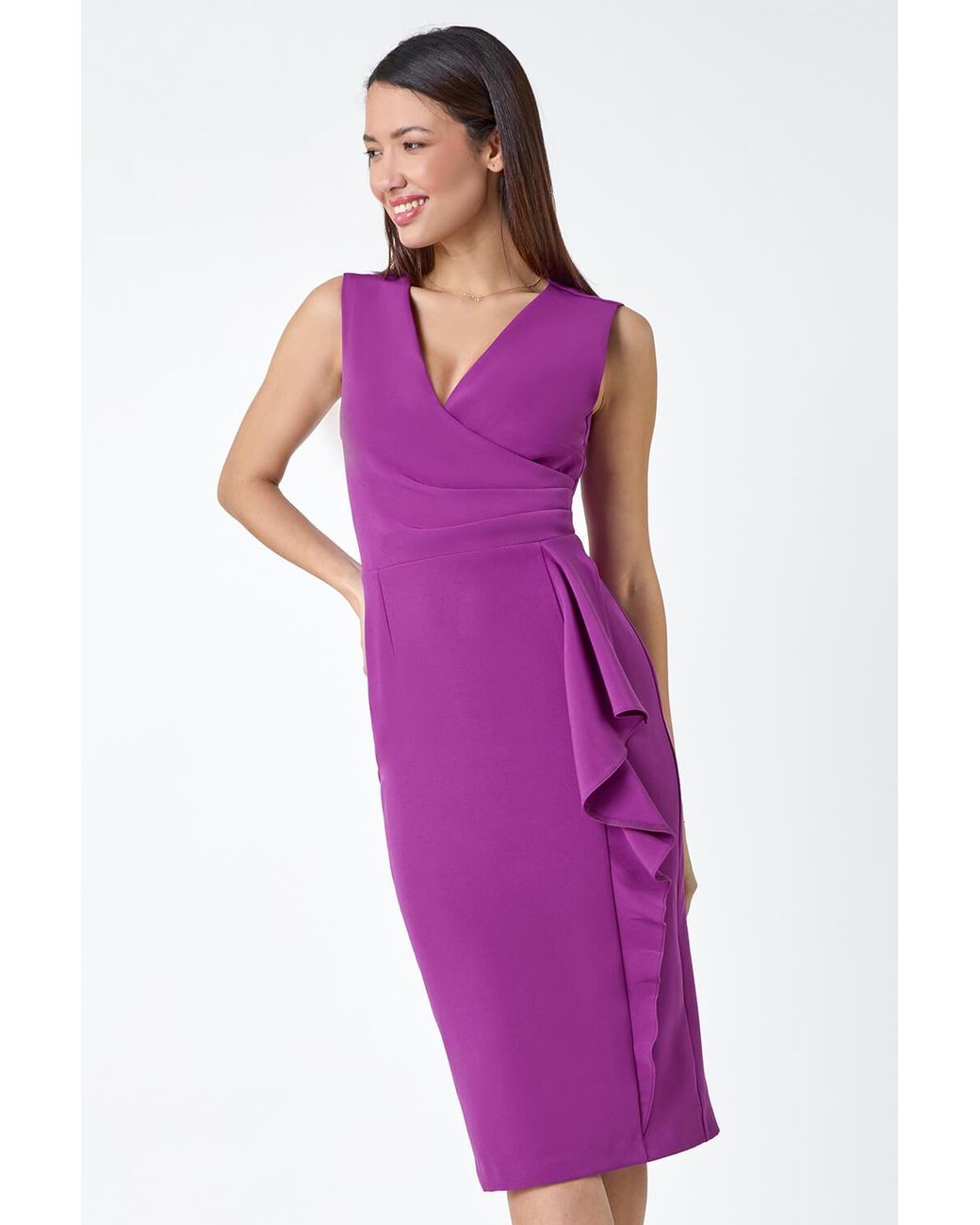 Roman Purple Wrap Draped Crepe Stretch Bodycon Dress