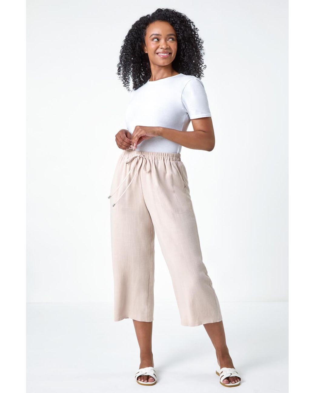 Roman Petite Natural Linen Mix Wide Cropped Trousers