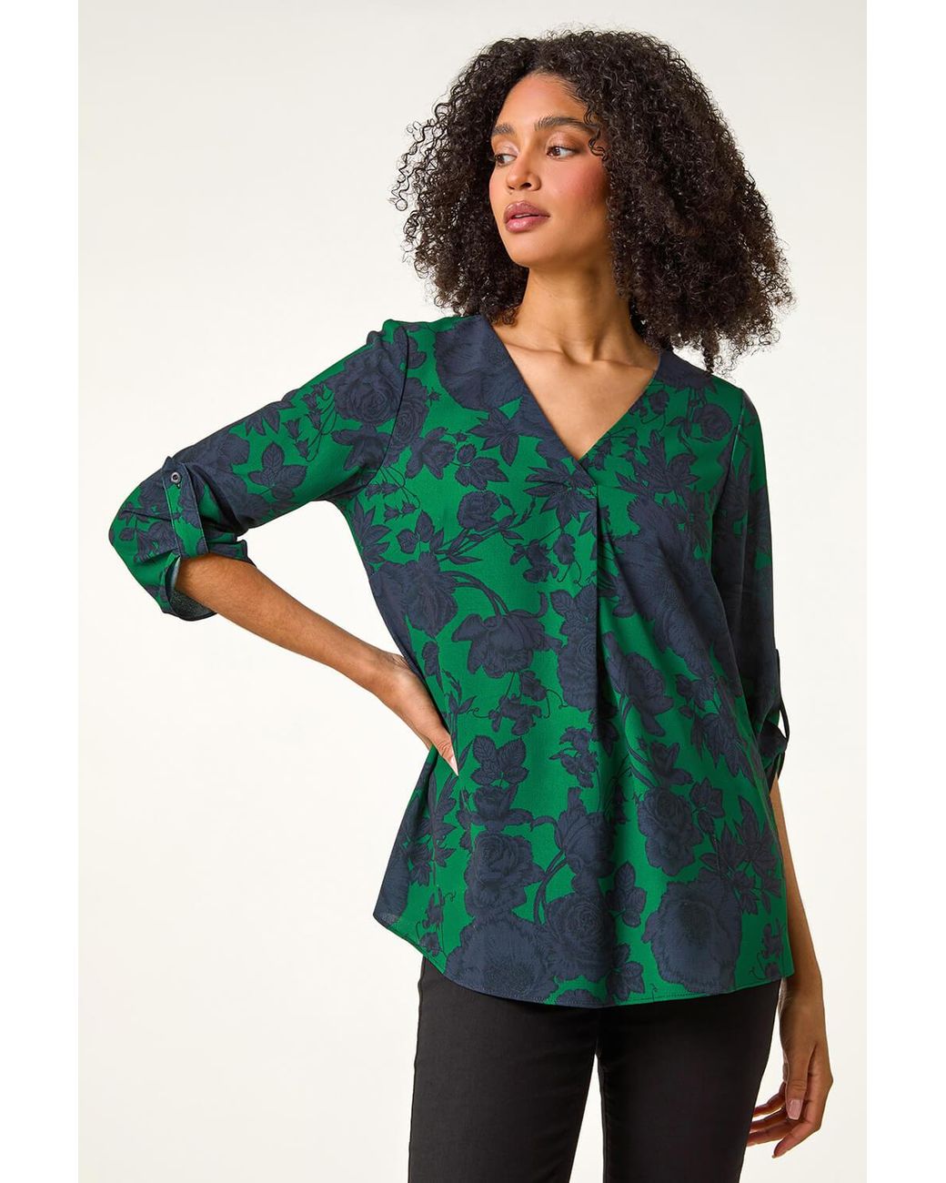 Roman Green Floral Front Pleat Top