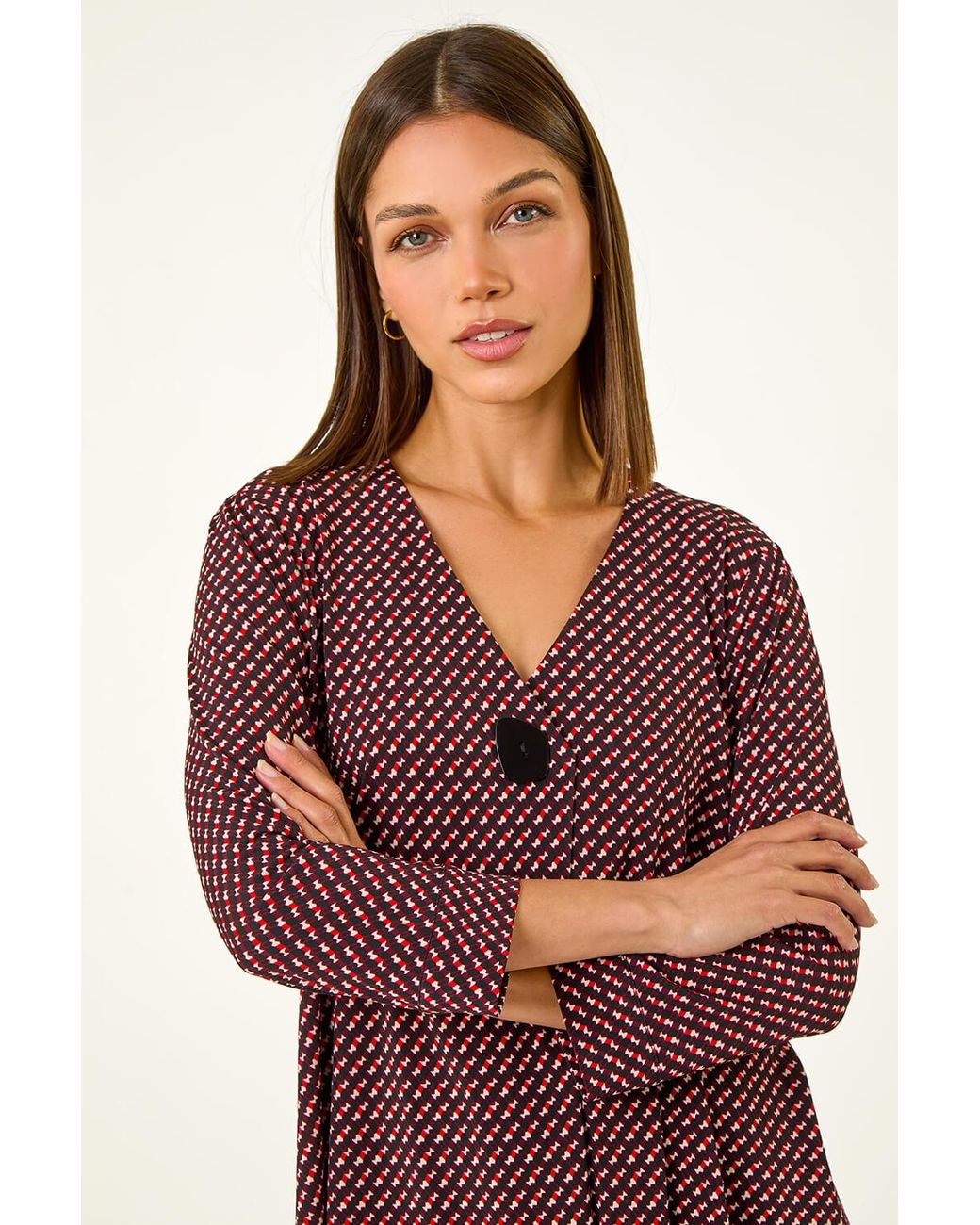 Roman Red Geometric Print Button Detail Top