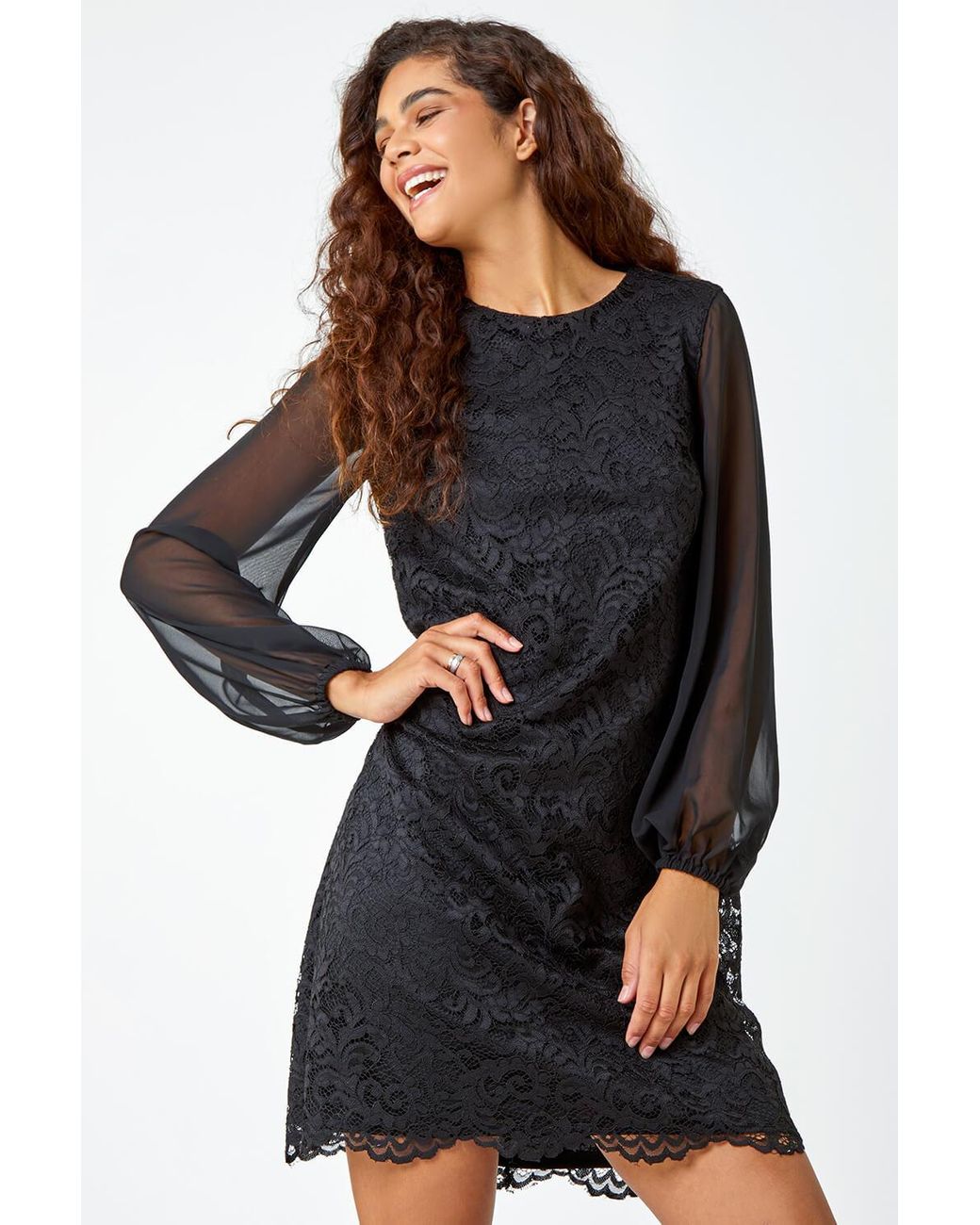 Roman Floral Lace Chiffon Sleeve Shift Dress in Black | Lyst UK