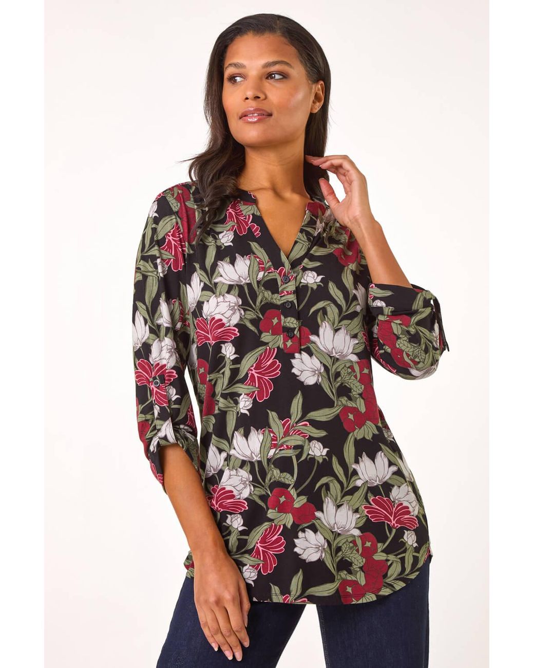 Roman Blue Floral Print Stretch Blouse