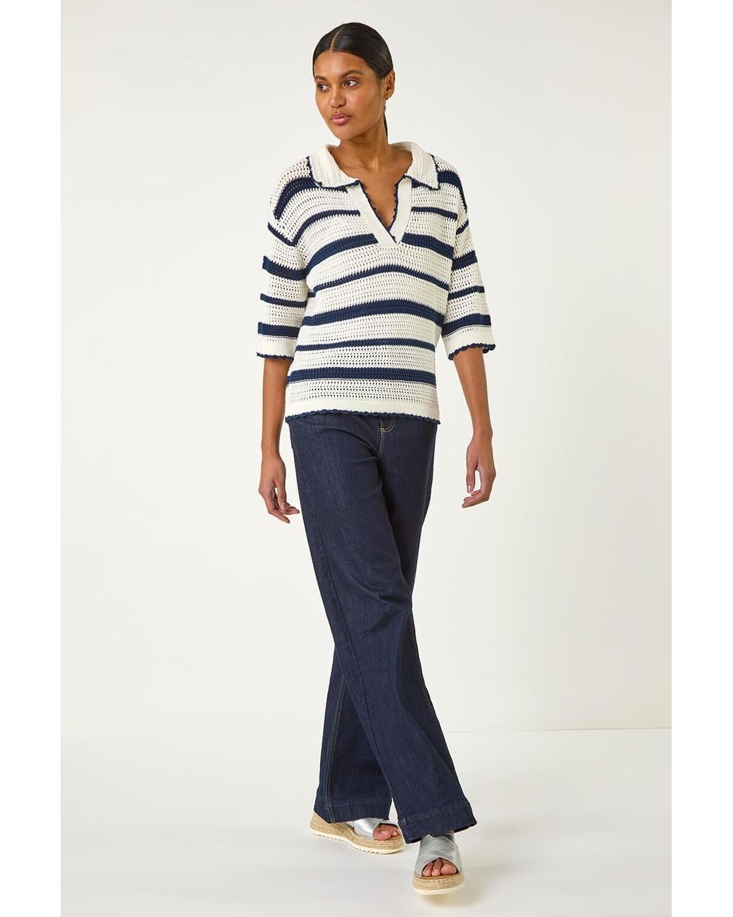 Roman Blue Collared V-Neck Stripe Knit