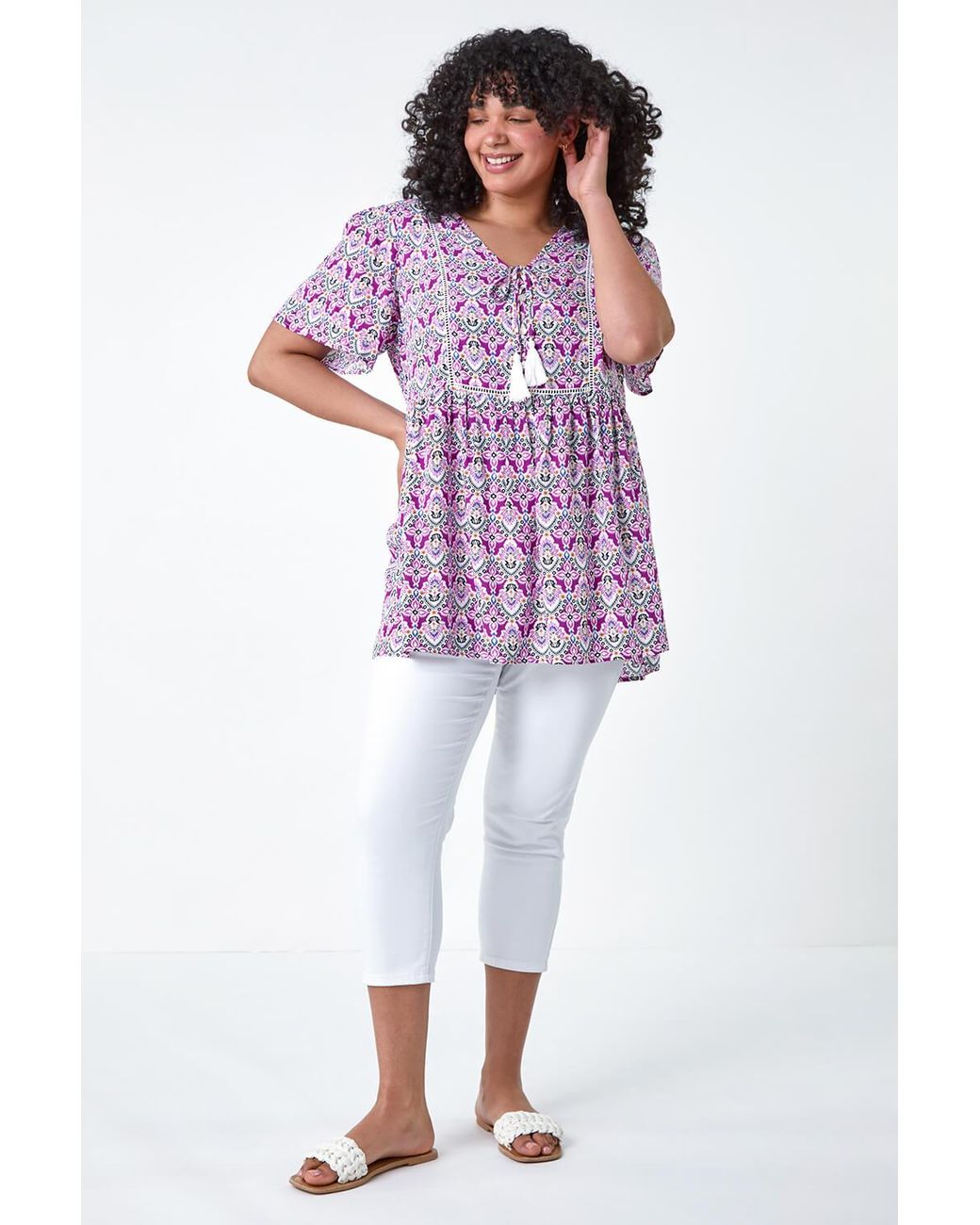 Roman Curve Purple Tie Front V-Neck Boho Printed Top