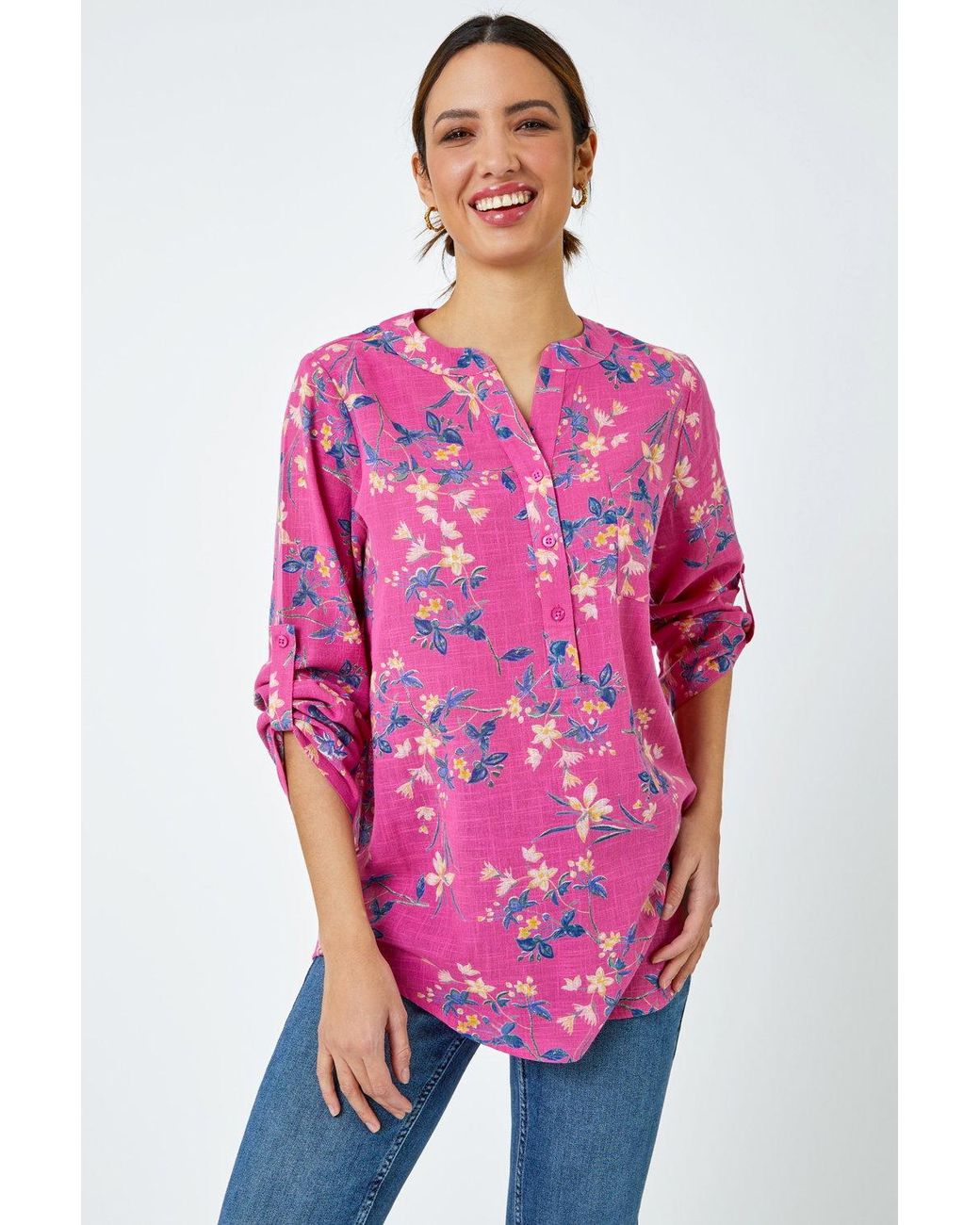 Roman Pink Cotton Floral Print V-Neck Overshirt