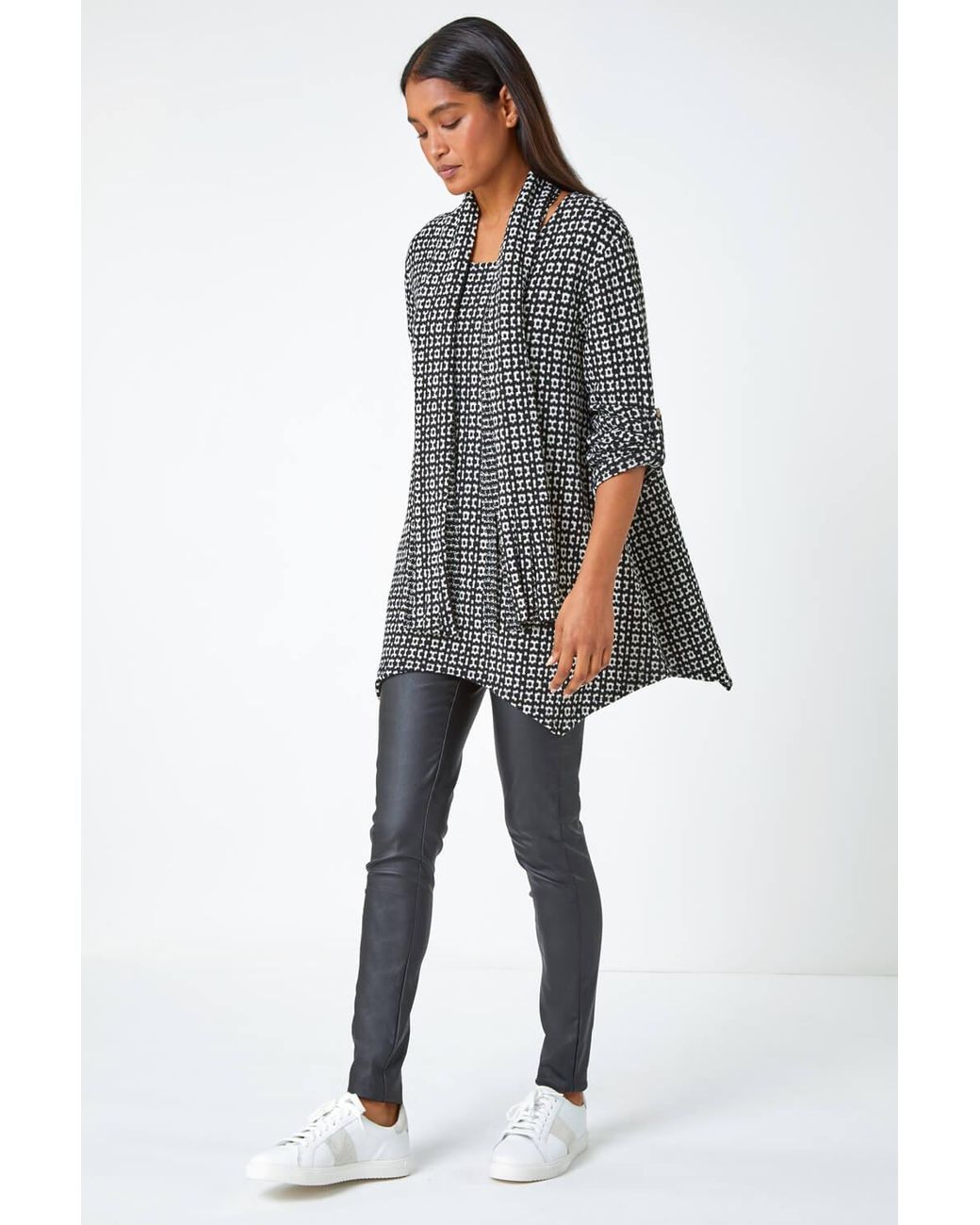 Roman Gray Abstract Print Tunic Stretch Top