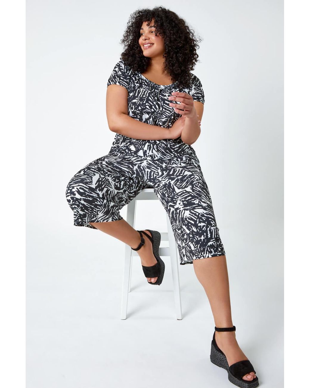 Roman Curve Black Abstract Print Bardot Stretch Top