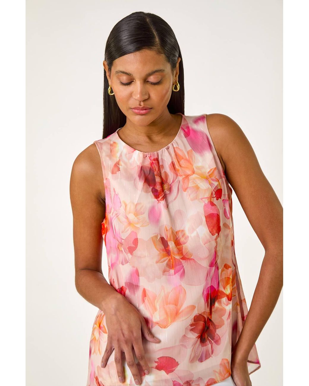Roman Red Floral Print Metallic Shell Top