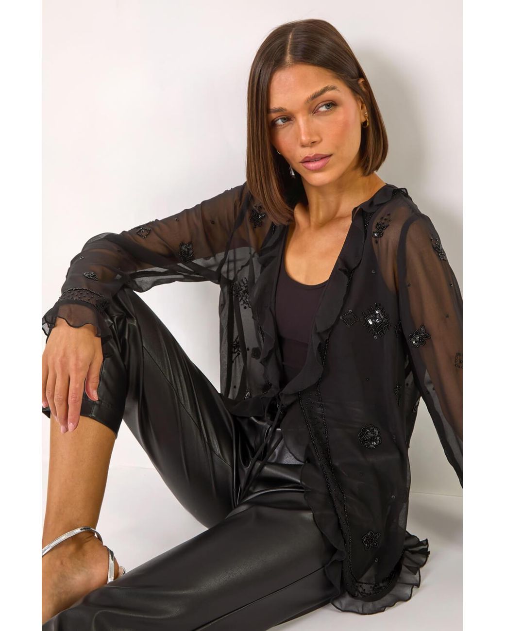 Roman Black Embellished Tie Front Top