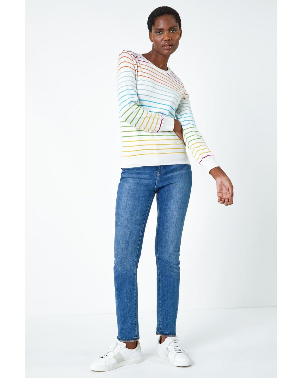 Roman White Stripe Print Button Detail Jumper