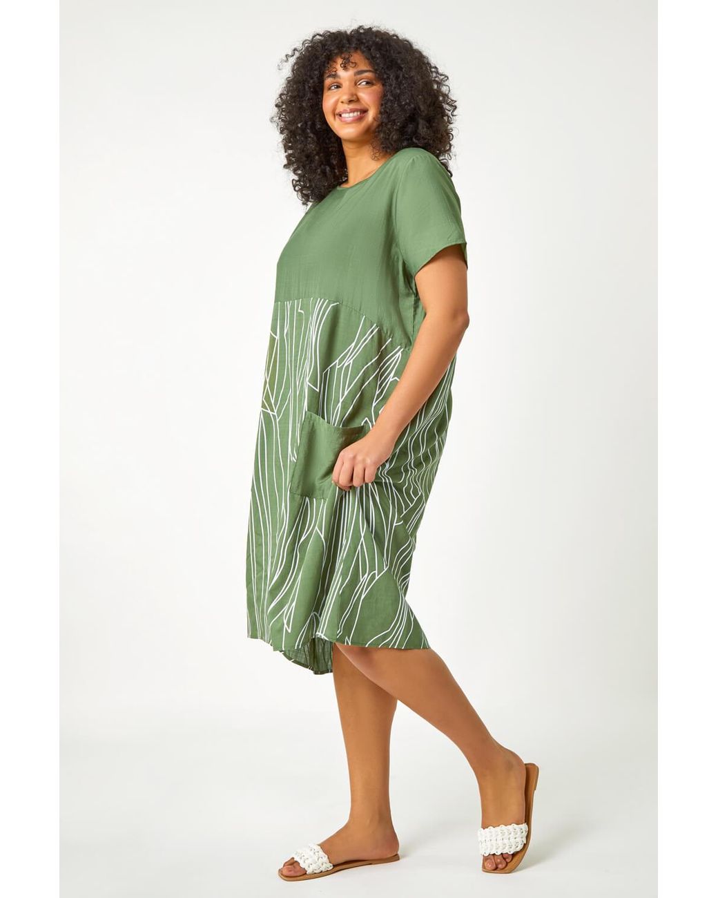 Roman Curve Green Contrast Print Pocket T-Shirt Dress