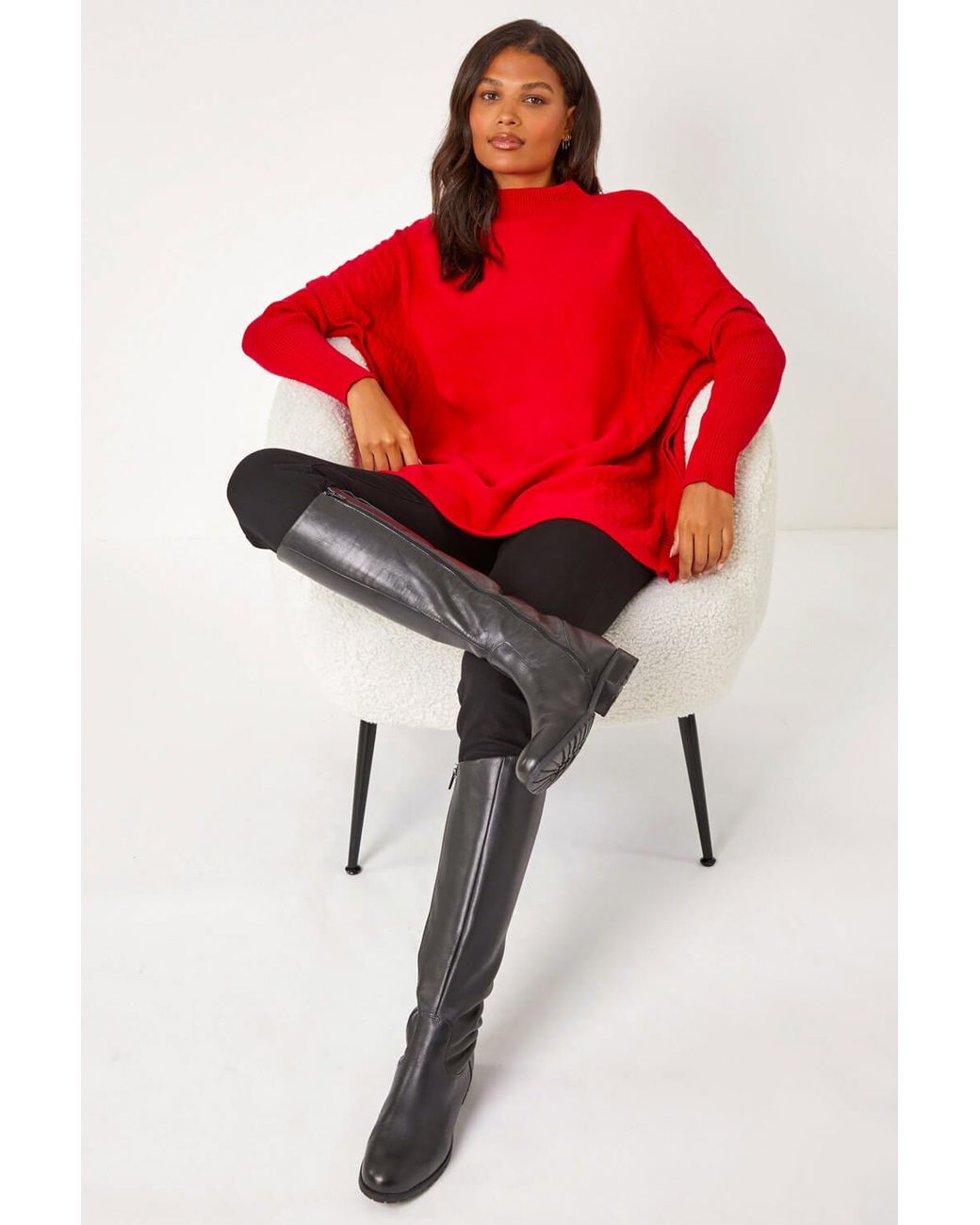 Roman Red High Neck Longline Knit Jumper